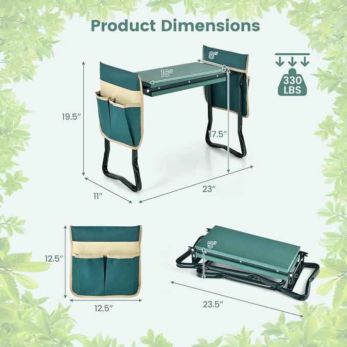 IRONMAX Garden Kneeler and Seat, Heavy Duty Foldable Gardening Bench Stool w/Soft Foam Pad & 2 Tool Storage Bags for Kneeling & Sitting, Gardening Gifts for Women Men