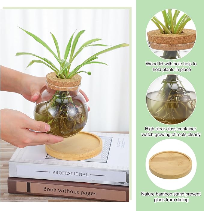 Layhit 4 Pcs Plants Propagation Stations vases Glass Planters with Wooden Lid and Bamboo Stand for Hydroponic Plants Gardening Gifts for Women Mom Home Office Tabletop Decoration(Lovely Style)