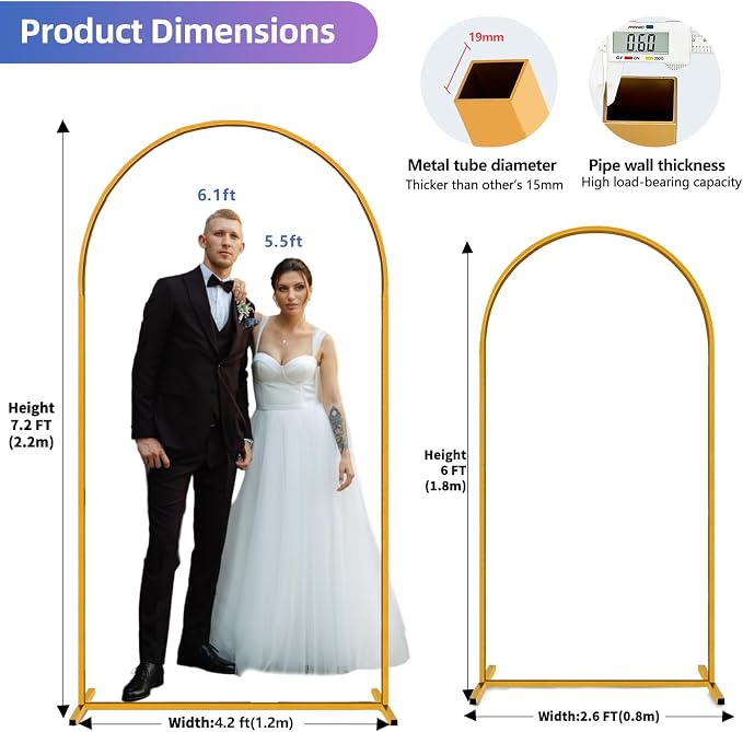 Hemmotop Arch Backdrop Stand Set of 2, 7.2ft & 6ft Metal Arch Frame with Ground Stakes for Party, Ceremony, Bridal Shower, Birthday, Photo Booth, Garden Decoration, Baby Shower
