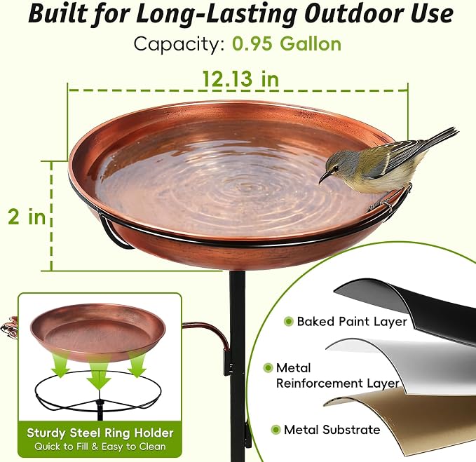 DRQ 35'' Metal Bird Bath for Outside, 12'' Dia × 2'' Deep Birdbath Bowl, Bird Feeder with 6.5'' 5-Pronged Base for Garden Decor, Patio, Yard, Lawn, Father's Day – Vintage Brown