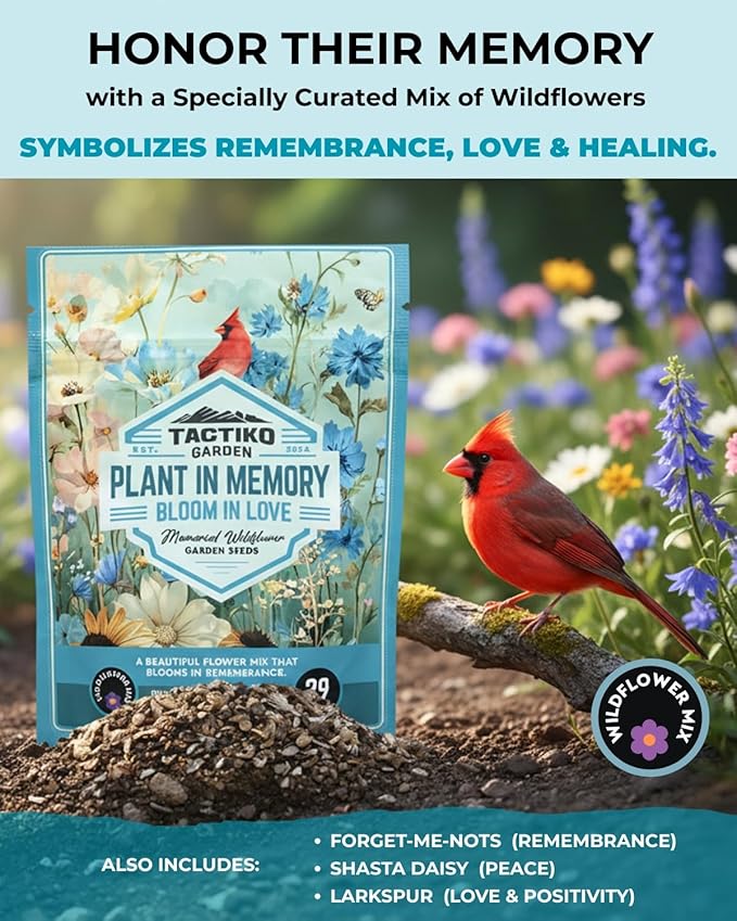 Tactiko Garden 29 Memorial Wildflower Seeds Mix – 30,000+ 1 oz Remembrance Garden Seeds for Loved Ones & Pets – Sympathy Gift, Funeral Favors, Celebration of Life Garden Kit, 150 sq ft Coverage