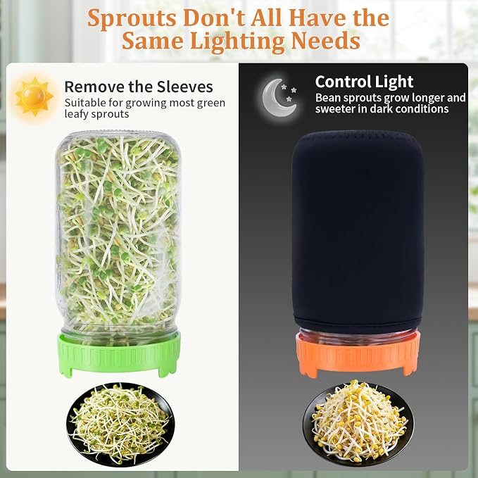 Seed Sprouting Jar Kit with Radish seed 2.9oz, 2 Large Wide Mouth Mason Jars with Sprouting Lids, Blackout Sleeves, Drain Tray, Sprouts Growing Kit for Growing Bean, Alfalfa, Radish Sprout Seeds