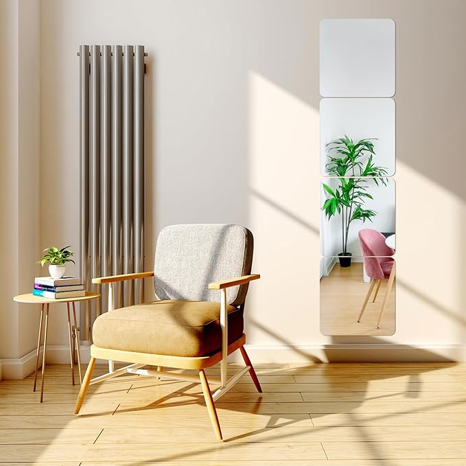 Fantasyon 4 Pieces Flexible Mirror Sheets, 2mm Thickness Decorative Self Adhesive Plastic Mirror Tiles Non Glass Mirror Stickers for School Educational and Home Wall Decor (11.8 × 13.8 Inches)