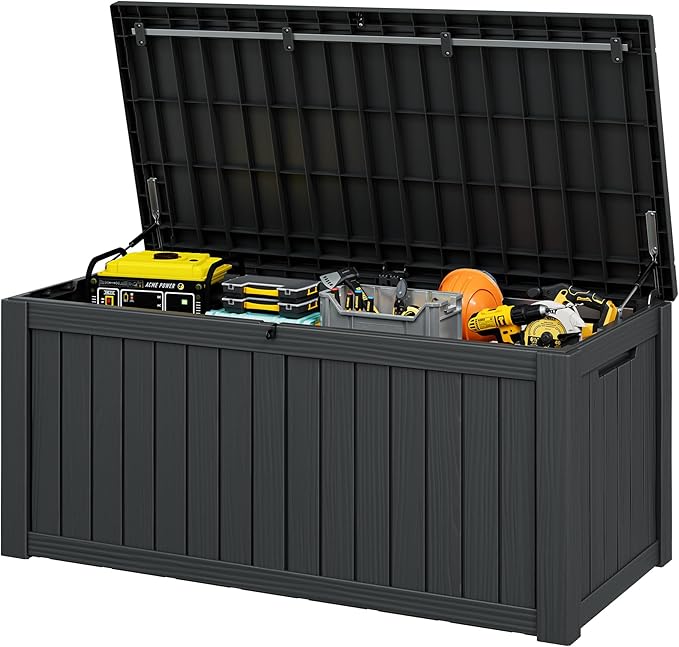 Outdoor Storage Box, 150 Gallon Resin Deck Boxes Outdoor Waterproof For Patio Furniture, Garden Tools, Pool Supplies, Lockable And UV Resistant (Striped Black)