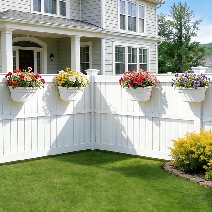 4 Pack Fence Post Planter for 5x5 PVC Fence Posts, 15.75 Inch Fence Hanging Planters for Outdoor Plants, Easy Install, White Flower Pots for Deck Railing Garden Yard Decor