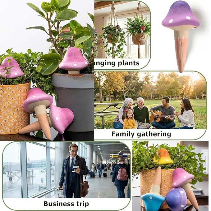 4 Pack Terracotta Watering Spikes, Vacation Self-Watering Planters Insert, Slow Release Watering Devices for Vacation Plant Watering,Mushroom Shape