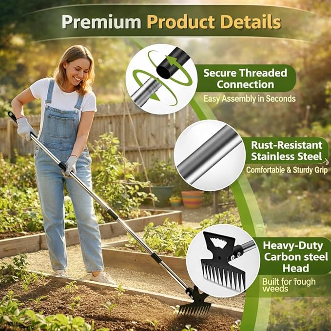 Weed Puller Tool with 61" Long Handle, 2-in-1 Garden Hoe & Weed Rake, Heavy Duty Manual Weeder for Yard, Lawn, Patio and Garden