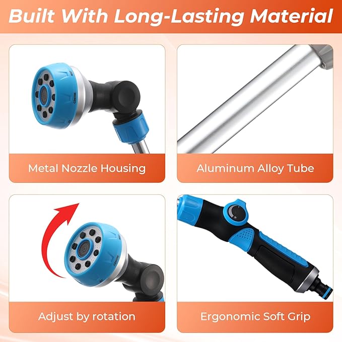 Chumia 2 Pack Metal Watering Wand with 8 Adjustable Spray Patterns 18'' Hose Nozzle Sprayer Heavy Duty 180° Rotating Thumb Control Watering Wand for Garden Lawn Hanging Baskets Orange Blue