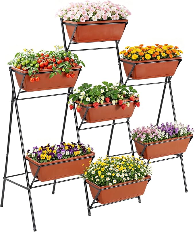 Sunexinlo 5-Tier Vertical Garden Planter with 7 Plant Boxes & Drainage Trays, Metal Freestanding Raised Bed for Herbs Flowers Vegetables, Indoor Outdoor for Patio Balcony Deck, Brick Red