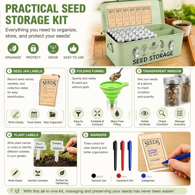 FOCHIER F Garden Seed Storage Organizer Box, Wooden with Removable Dividers, Metal Handle and Latch, Seed Keeper for Packets,Metal Vault Bank Saving Containers Box (Seeds not Included)