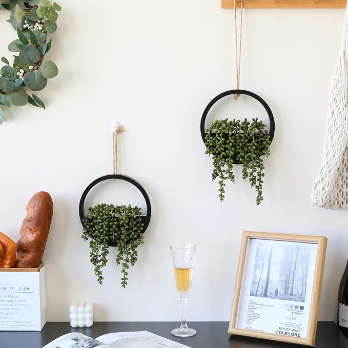 Floweroyal 2pcs Artificial Succulents Hanging Plants 20.1'' Fake String of Pearls in Pot with 9.4'' Lanyard for Indoor Outdoor Wall Decor (Black)