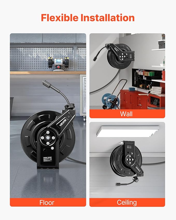VEVOR Pressure Washer Hose Reel, 60 ft x 1/4 inch Retractable Power Heavy-Duty Steel Washer Hose Reel, 4000PSI Max, Auto-Rewinding, Flexible Wall/Floor Mounted for Car Washing,Garden,Floor Cleaning