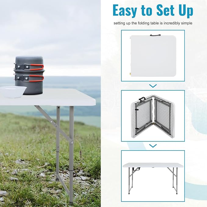 PayLessHere | 4FT Folding Table | Portable Plastic Table with Carry Handle | Waterproof & Foldable Table Design | Steel Frame with Lock | White | for Events, Camping, Indoor & Outdoor Use