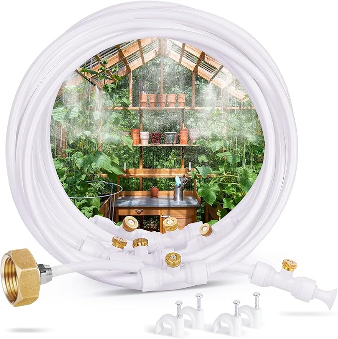 homenote Misting Cooling System, 26FT (8M) Misting Line + 7 Brass Mist Nozzles + Brass Adapter(3/4") Misters for Outside Patio Cooling Garden Greenhouse Watering