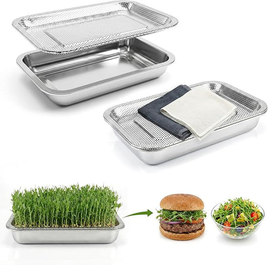 2-Pack Stainless Steel Seed Sprouting Tray Kit, Soil-Free Microgreens Growing Kit with Towel & Gauze, Sprouting Trays for Microgreens Beans Alfalfa Broccoli Wheat Grass (12.6" x 8.6")