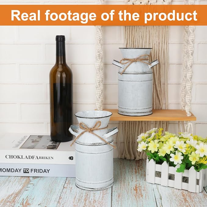 4 Pack Metal Flower Vase, Galvanized Metal Milk Can, French Rustic Milk Jug Planter, Farmhouse Decorative Flower Vase, Farmhouse Metal Vases for Home, Fireplace, Cabinet, Bathroom Decor