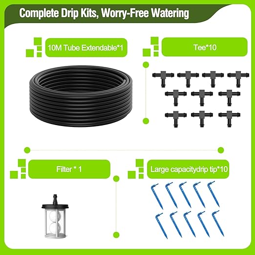 Automatic Drip Irrigation System Kit - 33ft Hose, Filter, 10 Tee Connectors & 10 Drippers, for Potted Plants