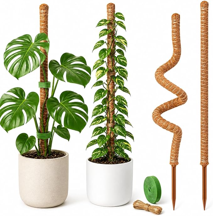 Moss Pole Monstera Plant Support, 2 Pack 28 inch Bendable Plant Support for Indoor Climbing Plants, Heavy-Duty Plant Trellis with Jute Rope & Straps