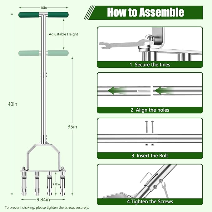 Stainless Steel Aerator Lawn Tool with 4 Heavy-Duty Hollow Tines,Anti-Clogging Core Aerator,Ergonomic Design Lawn Aerator,Semi-Assembled Lawn Aerator Tool for Lawn Garden Yard Patio