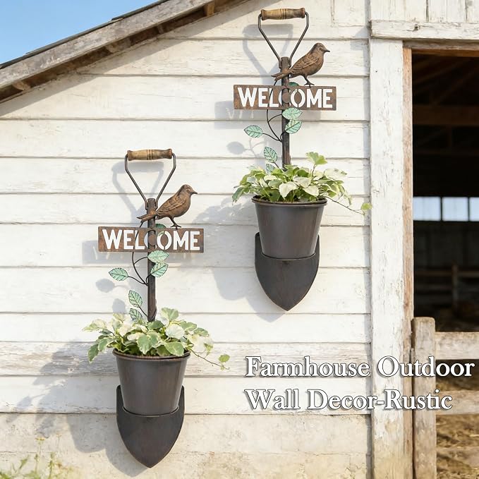 2Pcs Metal Wall Planter,Vintage Wall Hanging Planter with Welcome Sign, Rustic Farmhouse Wall Decor with Bird, Garden Wall Plant Holder for Porch Patio Entryway