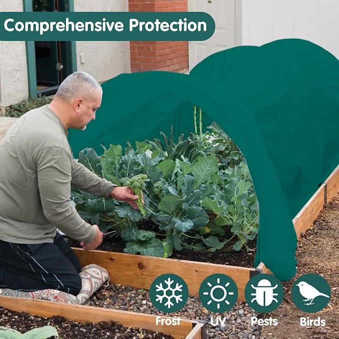 Plant Covers Freeze Protection, 6.5ft x 16ft 1.41 oz/yd² Frost Cloth Plant Blankets Floating Row Covers with 15 Stainless Steel Clips for Winter Plants Gardens Frost/Sun Pests Protection, Dark Green