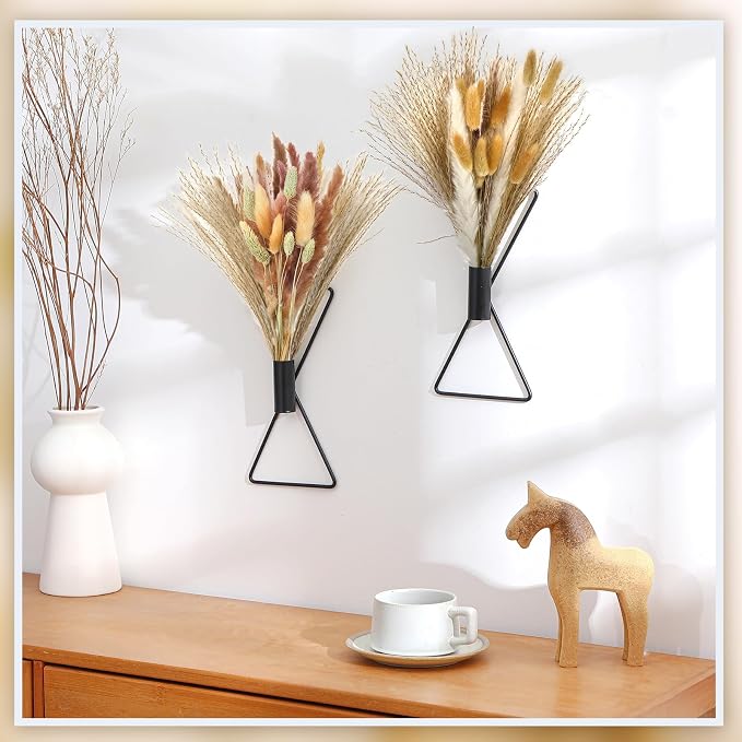 Peryiter 2 Pcs Boho Black Wall Decor Metal Wall Art x Shaped Hanging Planters with Artificial Pampas Modern Home Bedroom Decor for Bathroom Living Room Dining Room