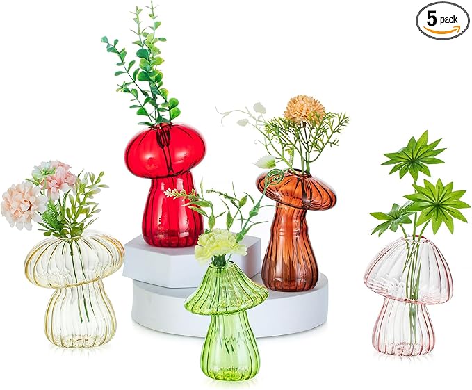 Glasseam Mushroom Plant Propagation Stations: Cute Glass Terrarium Jar Propagation Vase Set of 5 Hydroponic Planters for Home Room - Unique Colorful Mushroom Decor Gifts for Plant Lovers