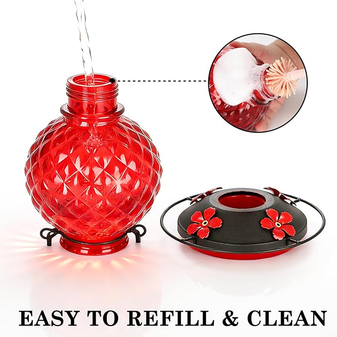 25 OZ Glass Hummingbird Feeder for Outdoors, Leak Proof Hummingbird Feeder with Ant Moat, 4 Bee Resistant Feeding Ports, Easy Clean Wide Mouth Design, 360° Perch, Hanging Nectar Feeder, Red