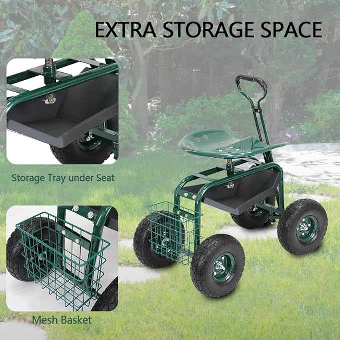 Garden Cart on Wheels,Rolling Garden Cart with Seat,Heavy Duty Gardening Stool with Basket,Adjustable Steering Handle, 360 Degree Swivel Seat for Yard,Patio,and Outdoor