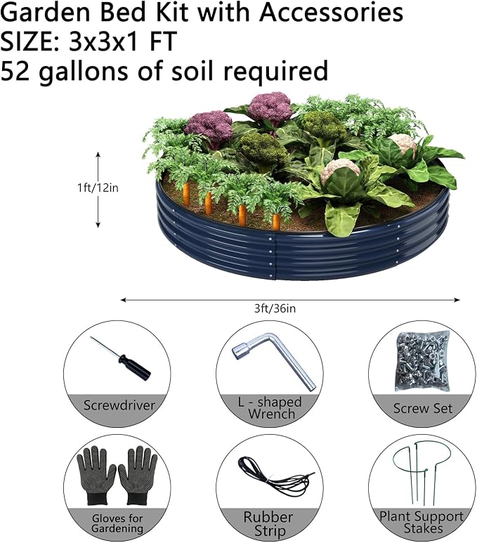 ZFHgarden Galvanized Metal Planter Round Raised Garden Bed Kit for Gardening Outdoor，3x3x1ft Grow Garden Box Raised Flower Bed，Round Galvanized Planter Outdoor Large Metal Fire Pit Ring