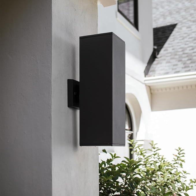 mirrea Modern Outdoor Porch Light Patio Light in 2 Lights with Aluminum Rectangular Tube and Tempered Glass Cover Waterproof Wall Sconce (Matte Black 18")