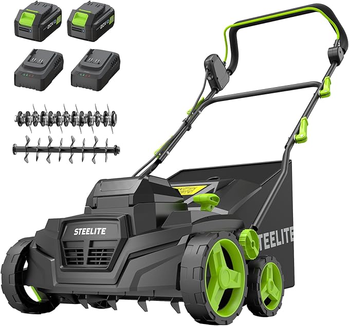 STEELITE 2 x 20V 15-Inch 2-in-1 Cordless Dethatcher and Scarifier, Brushless Electric Lawn Aerator with Collection Bag, 2 x 4.0 Ah Batteries and 2 Chargers Included
