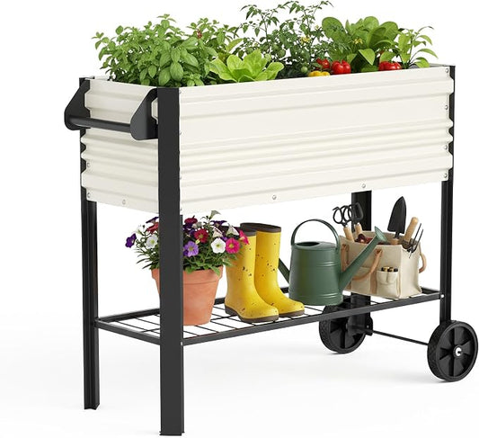 WORKPRO Galvanized Raised Garden Bed with Legs & Wheels, 37x14.6x31.6in, 400LB Capacity Elevated Planter Box for Garden, Backyard, Patio & Deck, White