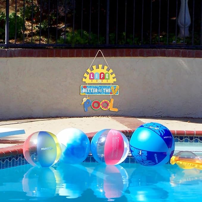 HOURIA Life is Better at The Pool Wood Hanging Sign,11.8 * 13.9 Inch Summer Sunshine Popsicle Swimming Pool Decor,Funny Pool Decorations for Outdoor Beach Party