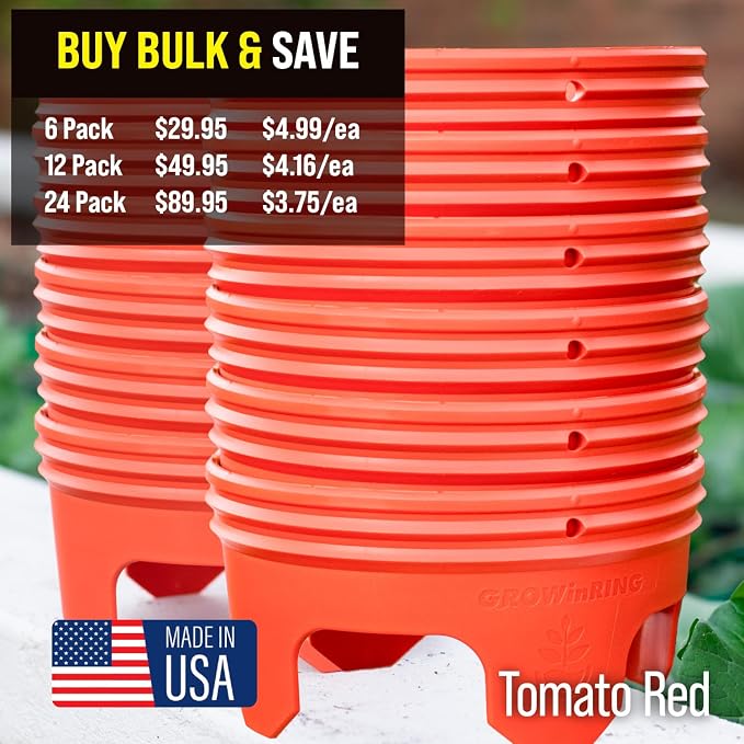 7 inch Solid Planting Grow Rings | 6 Pack Red | One-Piece Design for Deep Root Watering Veggies, Herbs & Flowers | Mulch & Soil Barrier | Deter Slugs and Cutworms | Heavy Duty | Made in USA