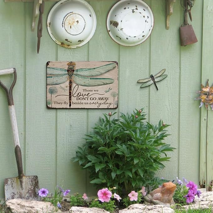 YOYI ART Metal Dandelion Dragonfly Wall Decor Sign - Those We Love Don't Go Away, Vintage Tin Signs for Home, Bedroom, Kithcen, Garden, Patio and Yard Wall Art Accessories, Gift for Women, 12 x 8 inch