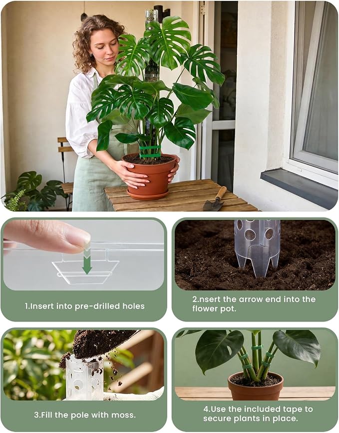 Plastic Moss Pole Kit for Climbing Plants,4Pack 12Inch Stackable Refillable Plant Support with Large Mesh Design,Sphagnum Moss Pole for Monstera Indoor Plants,Complete Set with Garden Ties