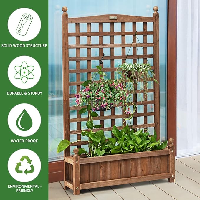 Giantex Set of 2 Wood Planter Free Standing Plant Raised Bed with Trellis for Garden or Yard (11" D X 25" W X 48" H)