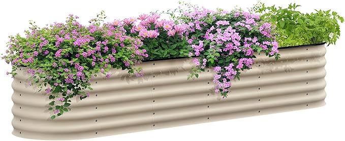Outsunny 8' x 2' x 1.4' Galvanized Raised Garden Bed Kit, Outdoor Metal Elevated Planter Box with Safety Edging, Easy DIY Stock Tank for Growing Flowers, Herbs & Vegetables, Cream