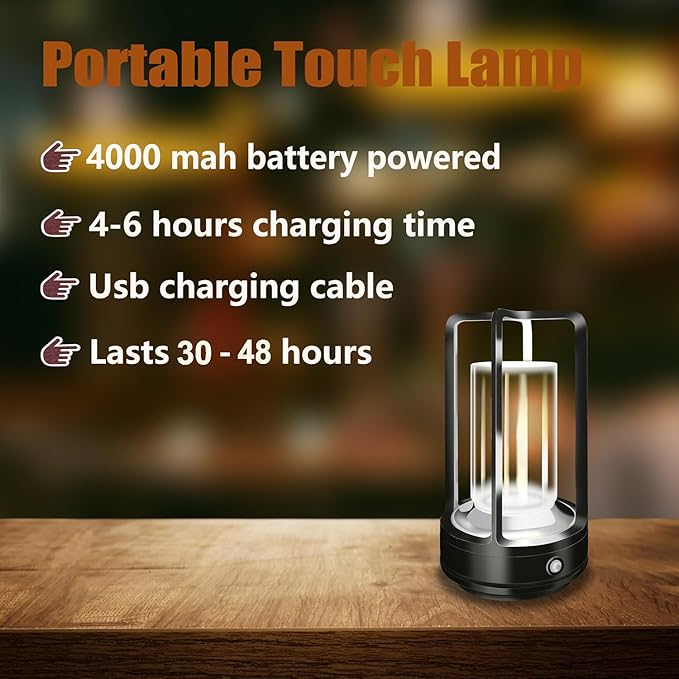 Set of 2 Cordless Table Lamps, LED Rechargeable Table Lamp with 3 Color Stepless Dimmable, Indoor/ Outdoor Table lamp for Patio/ Camping/ Bar/ Coffee/ Restaurant/ Home (Black 2 Pcs)