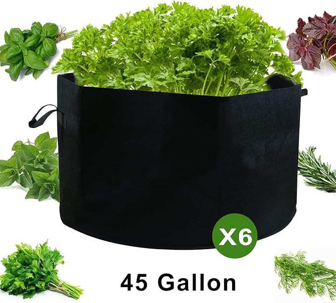 6-Pack 45 Gallon Large Non-Woven Grow Bags Reusable Thickened Durable Aeration Fabric Pot with Reinforced Handles Black (45Gal_6Pcs)