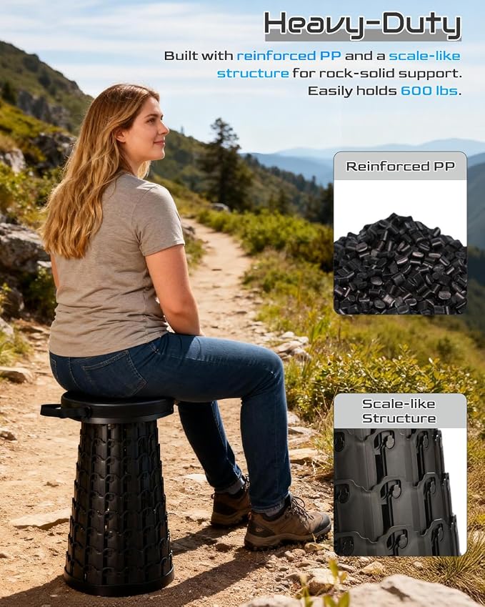 Spisces 2026 Heavy Duty Collapsible Stool | 600lbs Capacity, 18-in Tall Lightweight 2.6lbs Portable Retractable Telescoping Stool for Adults, Camping Fishing Hiking Travel BBQ
