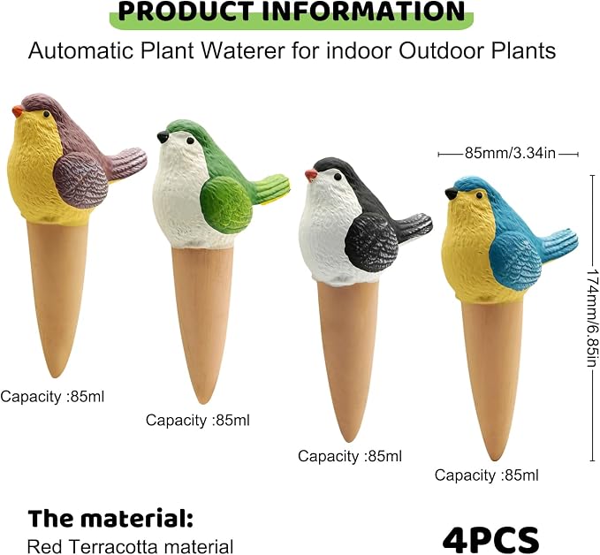 4 Pack Plant Watering Globes - Bird-Shaped Self Plants Watering Spikes with Slow Release, Handmade Terracotta Plant Watering Devices Automatic Vacation for Indoor & Outdoor Potted Plants