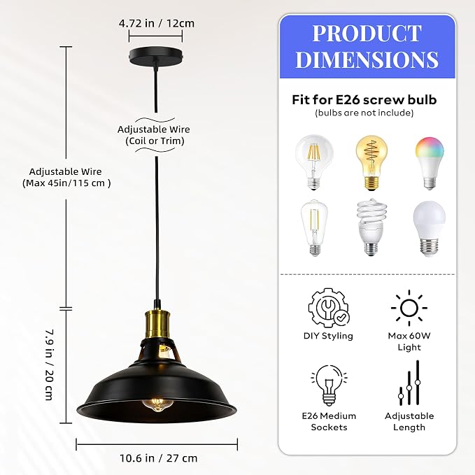 1-Pack Pendant Light Fixtures, Industrial Hanging Light with Metal Shade, Farmhouse Pendant Lighting for Kitchen Island, Hallway, Dining Room, Black & Gold