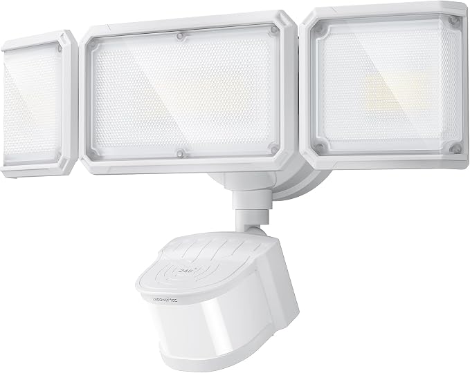 LEPOWER-TEC Zero Blind Spots Outdoor Security Light with 240° & 100ft Dual PIR Motion Sensor, 7000LM Adjustable Flood Light Brightness for Garage Driveway, Dusk to Dawn, IP65, Easy Hardwired Install