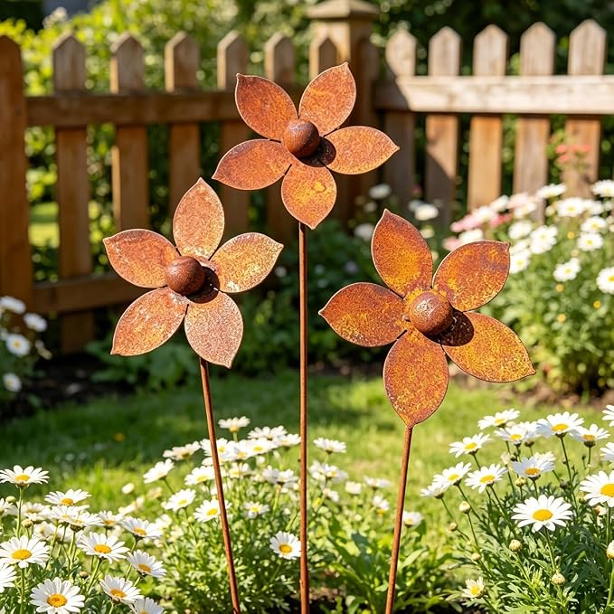 Rustic Metal Coneflower Garden Stakes, Set of 3, Rusted Iron Daisy Yard Art, 12.6x4 Inch, Weather-Resistant Lawn Pathway, Patio Decor (Metallic)