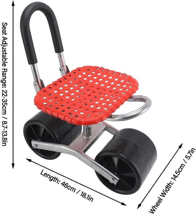 360° Swivel Garden Rolling Seat with Wheels - Adjustable Height Work Scooter & Creeper for Weeding, Planting, and Outdoor Lawn Care - Heavy Duty Steel Frame with Breathable Woven Saddle (Red)
