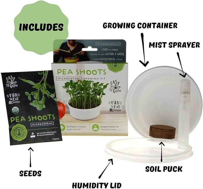 Mini Microgreens Growing Kit - Pea Shoots - Grow Your Own Organic Gourmet Micro Greens Indoors: Salad, Sandwich & Garnish - Easy & Fun - Great Gift or Stocking Stuffer (Pea Shoots)