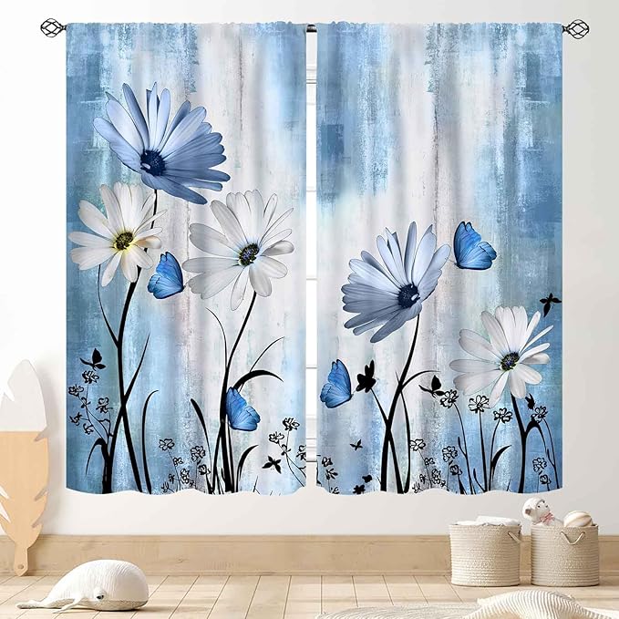 Blue White Daisy Curtains, Farmhouse Modern Flower Retro Floral Spring Butterfly Rural Country Style Window Curtains for Living Room Bedroom Kitchen Bathroom 2 Panels, 52"x84" Inch