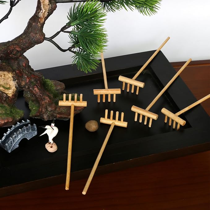 Zen Garden Mini Bamboon Rake - 6PCS Tabletop Rock Sand Garden Tools Accessories Small Sandbox Kits Japanese Zen Gift for Birthday
